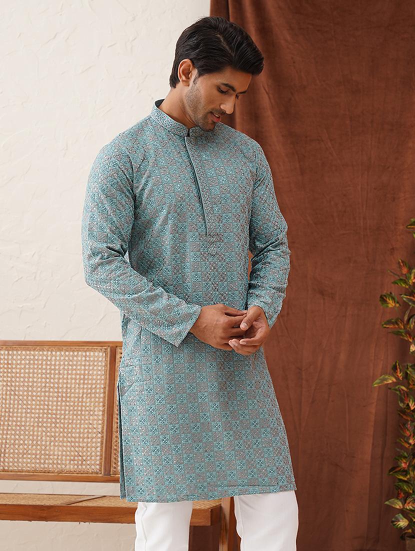 men mandarin neck embroidered long kurta - 21667111 - Standard Image - 3