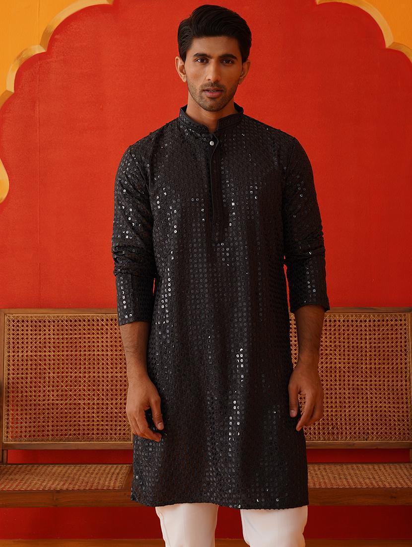 men mandarin neck sequined long kurta - 21667114 -  Zoom Image - 0