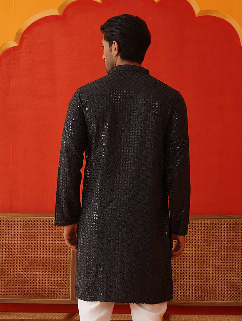 men mandarin neck sequined long kurta - 21667114 - Standard Image - 3