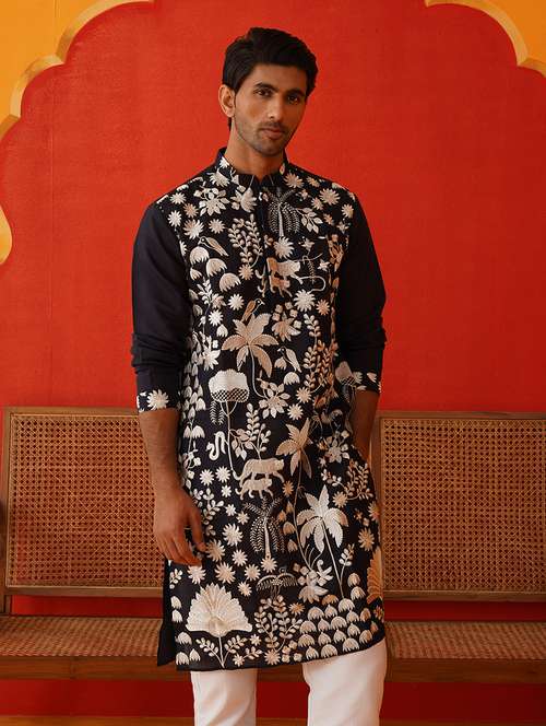 men mandarin neck embroidered long kurta - 21667116 -  Standard Image - 0