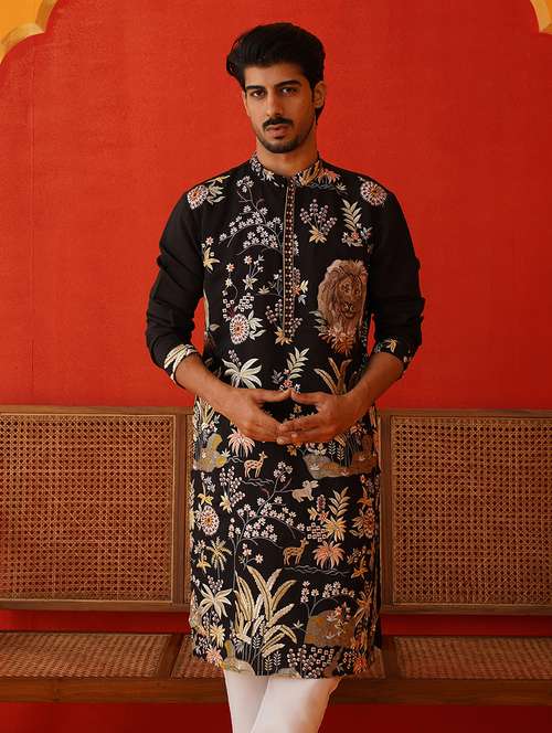 men mandarin neck embroidered long kurta - 21667119 -  Standard Image - 0