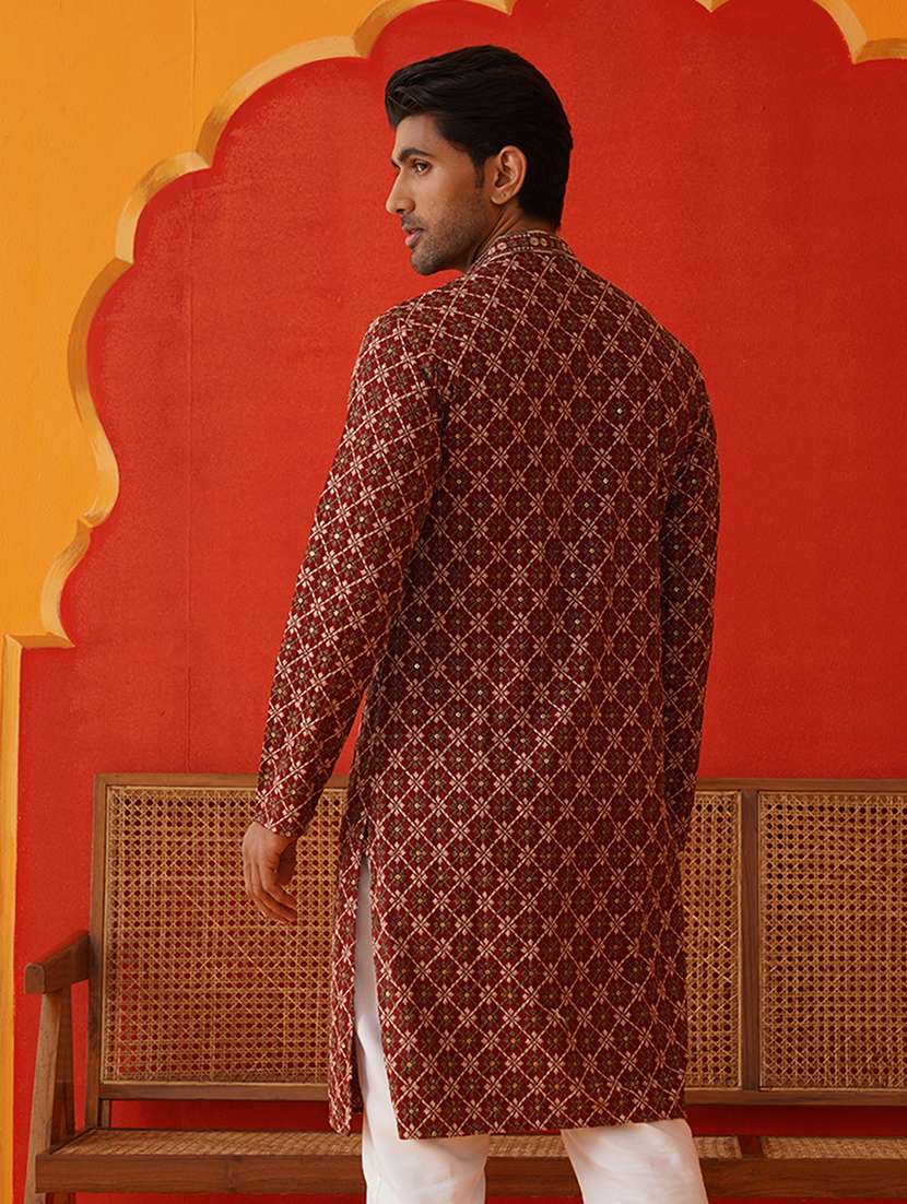 men mandarin neck embroidered long kurta - 21667126 - Standard Image - 3