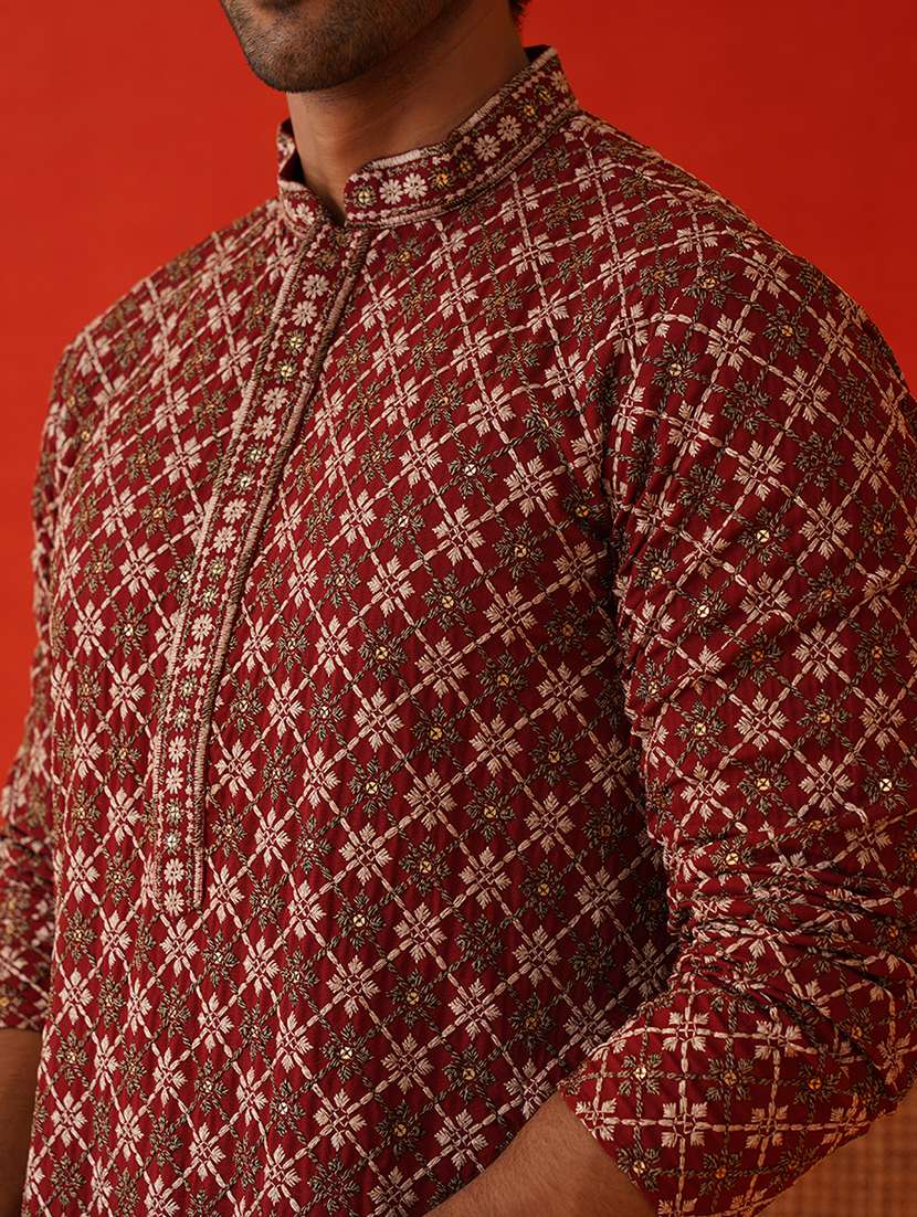 men mandarin neck embroidered long kurta - 21667126 - Standard Image - 5