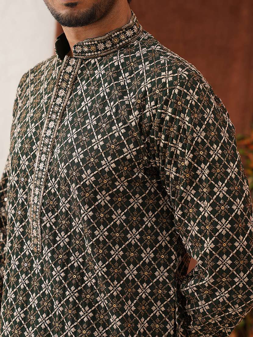 men mandarin neck embroidered long kurta - 21667129 - Standard Image - 5