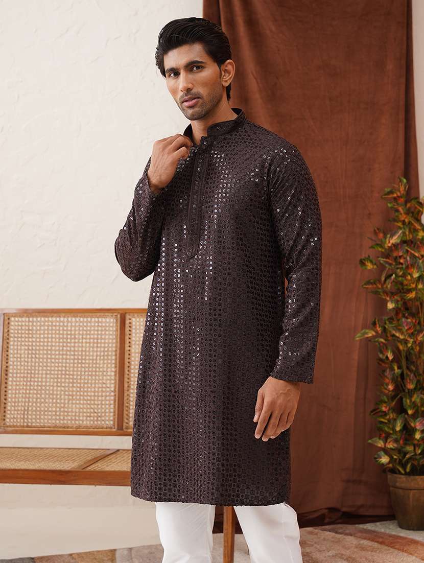 men mandarin neck sequined long kurta - 21667136 - Zoom Image - 0