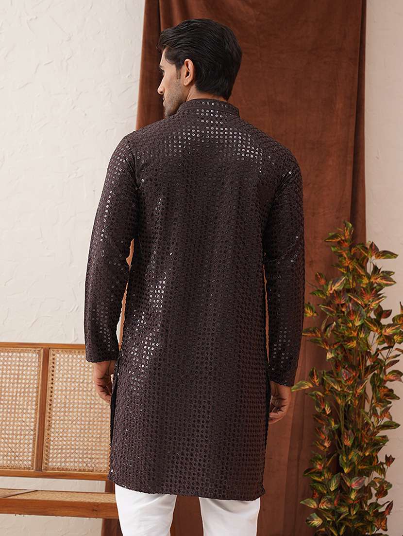 men mandarin neck sequined long kurta - 21667136 - Standard Image - 3
