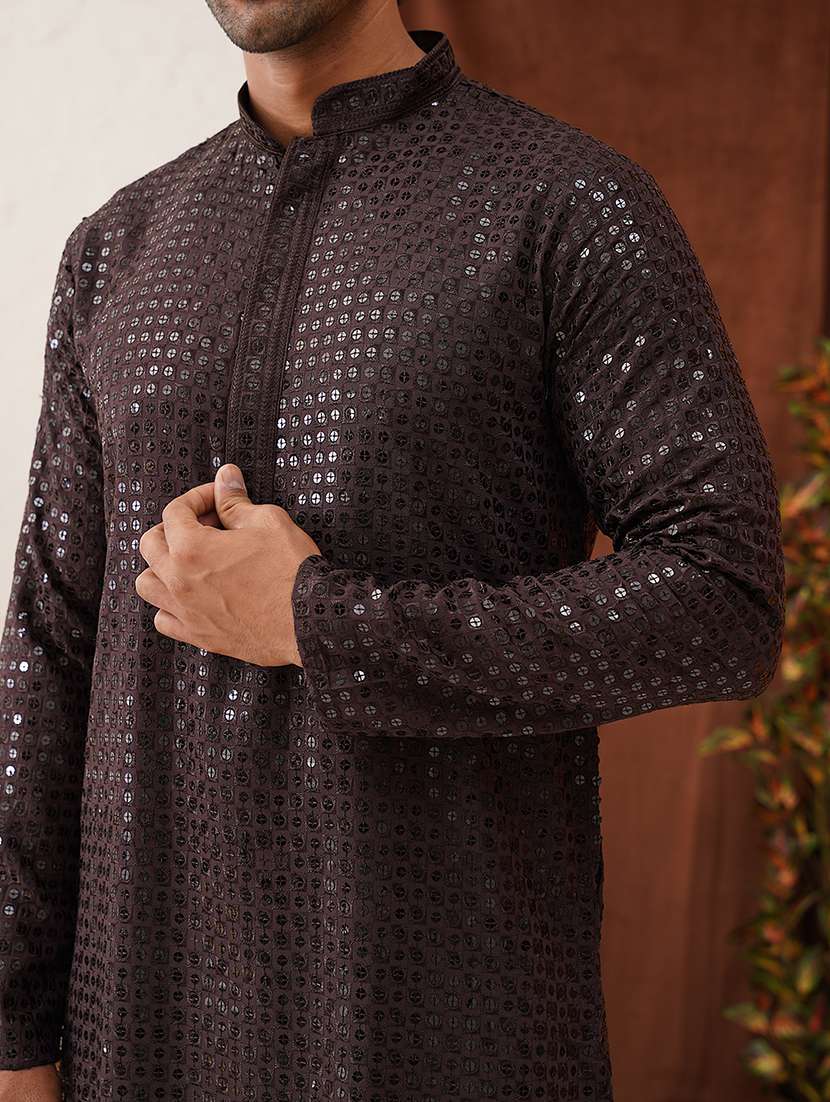men mandarin neck sequined long kurta - 21667136 - Standard Image - 5