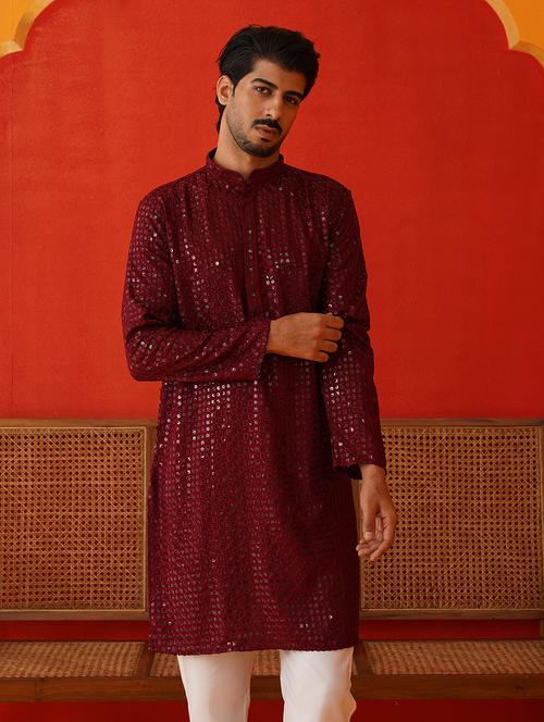 men mandarin neck sequined long kurta - 21667137 - Standard Image - 0