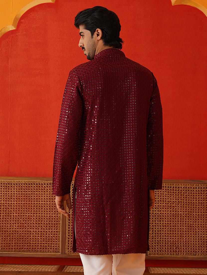 men mandarin neck sequined long kurta - 21667137 - Standard Image - 3
