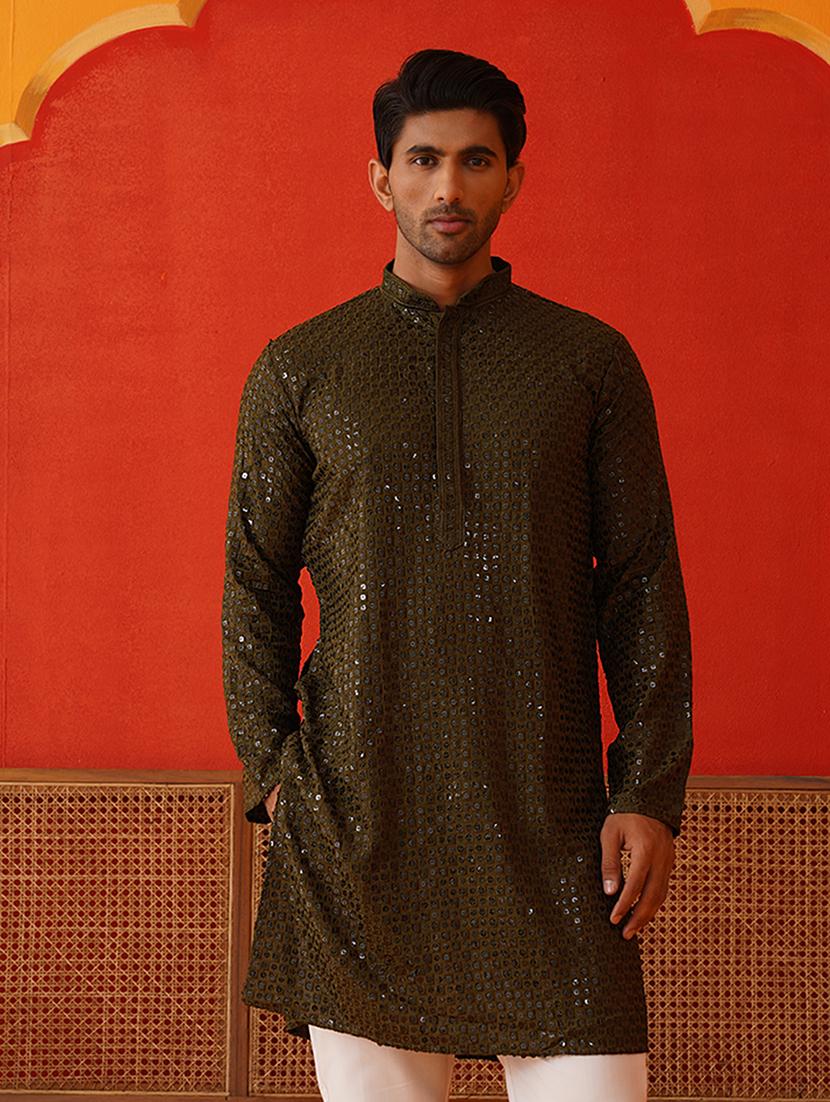 men mandarin neck sequined long kurta - 21667138 - Zoom Image - 0