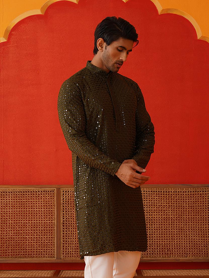 men mandarin neck sequined long kurta - 21667138 - Standard Image - 3
