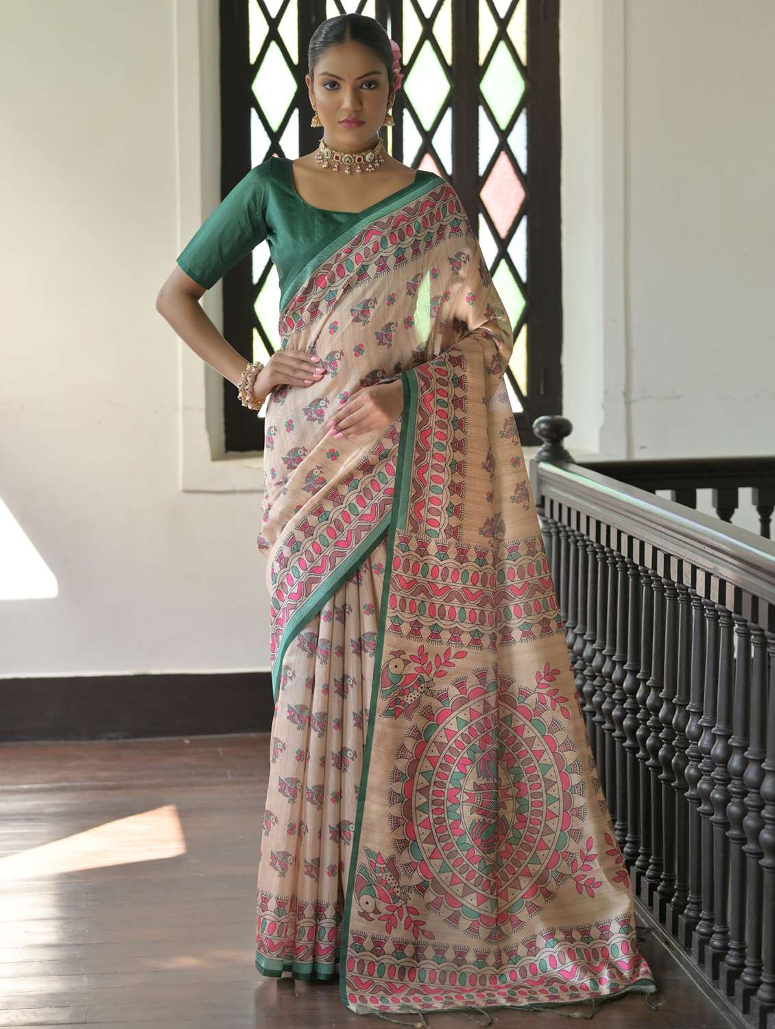 women mandhubani printed handloom saree with blouse