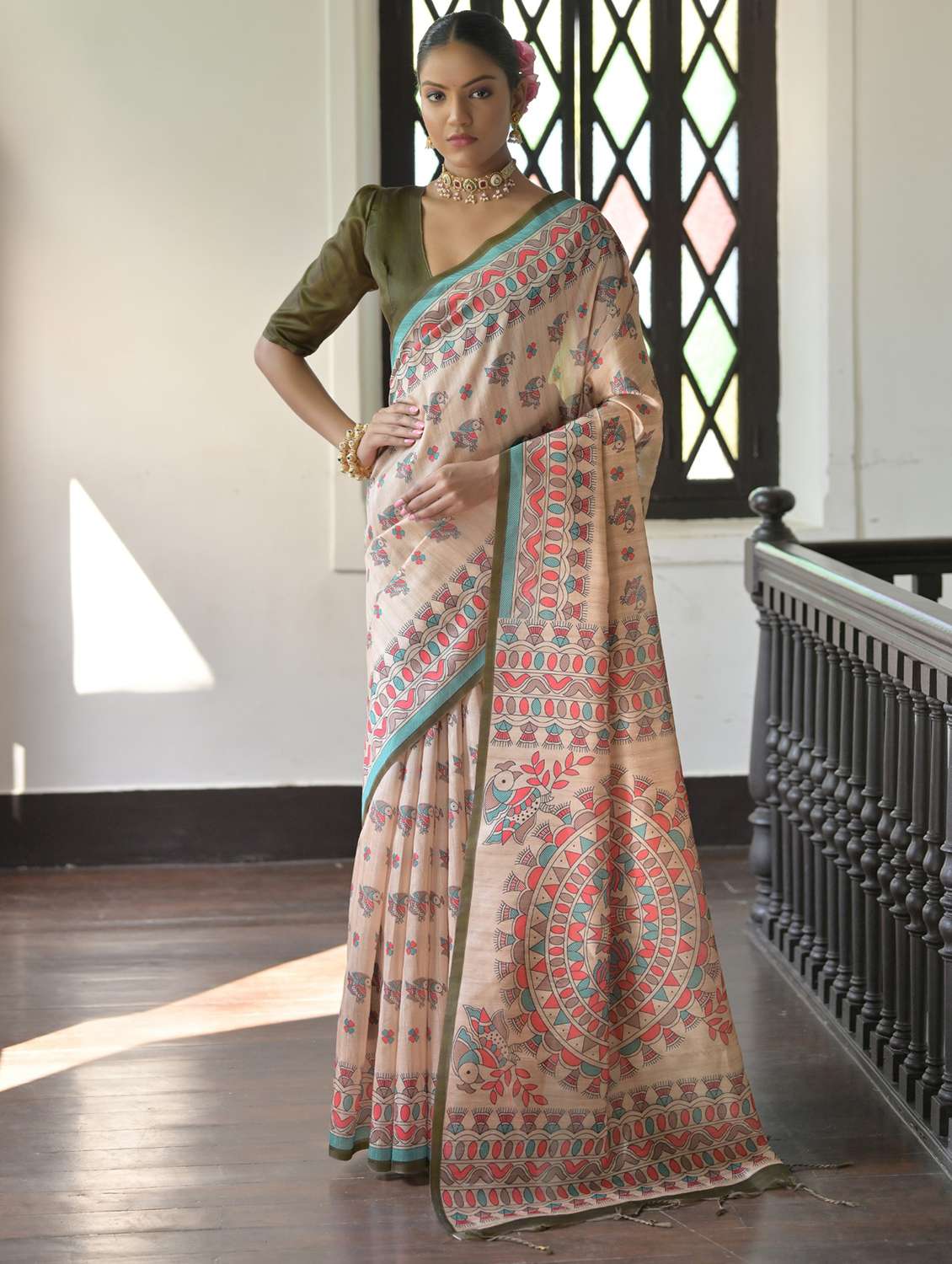 women mandhubani printed handloom saree with blouse