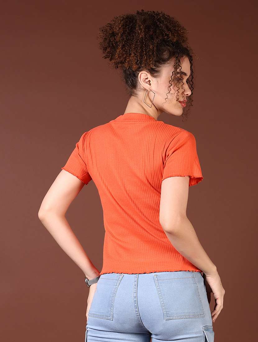 women orange solid with work round neck t-shirt - 21667658 -  Standard Image - 3