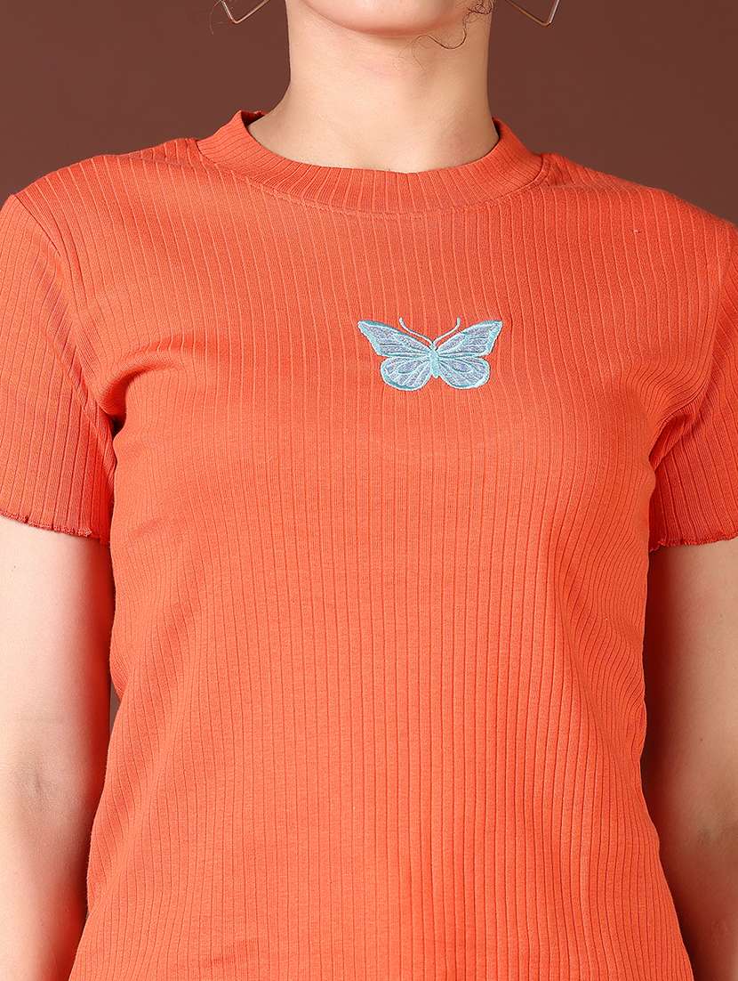 women orange solid with work round neck t-shirt - 21667658 -  Standard Image - 5
