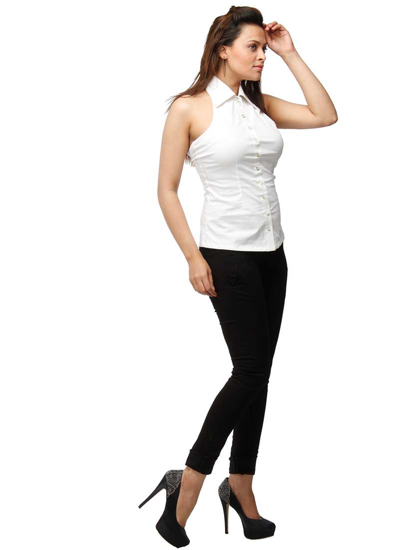 women solid sleevless halter neck shirt - 21667865 - Standard Image - 3