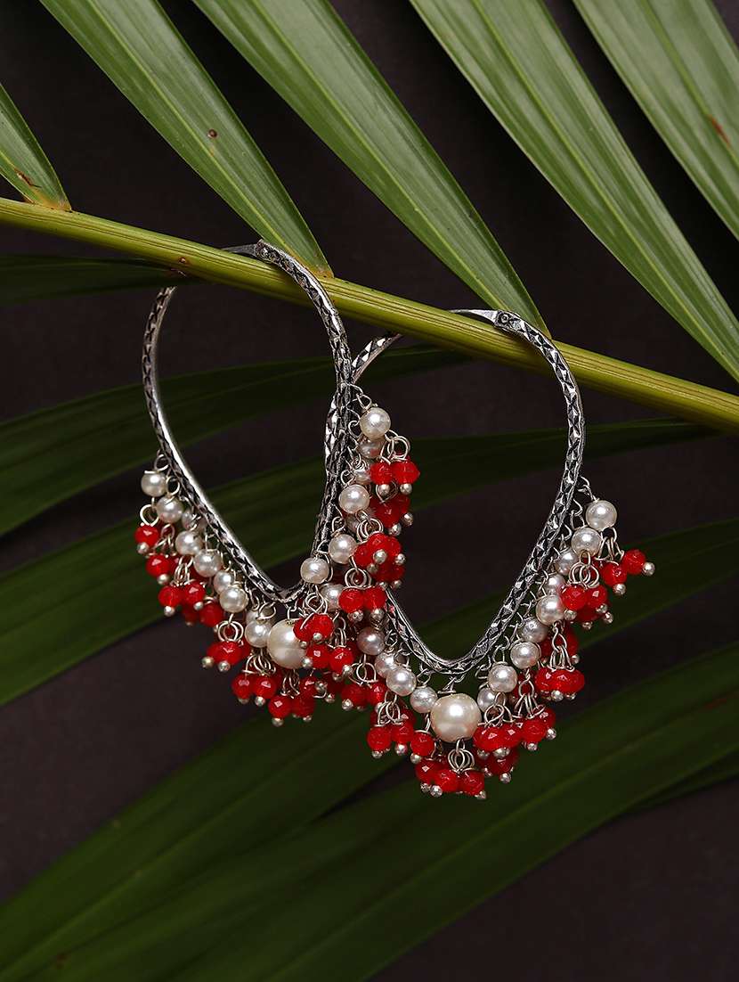 women multi color pearl detailed oxidized hoop earrings