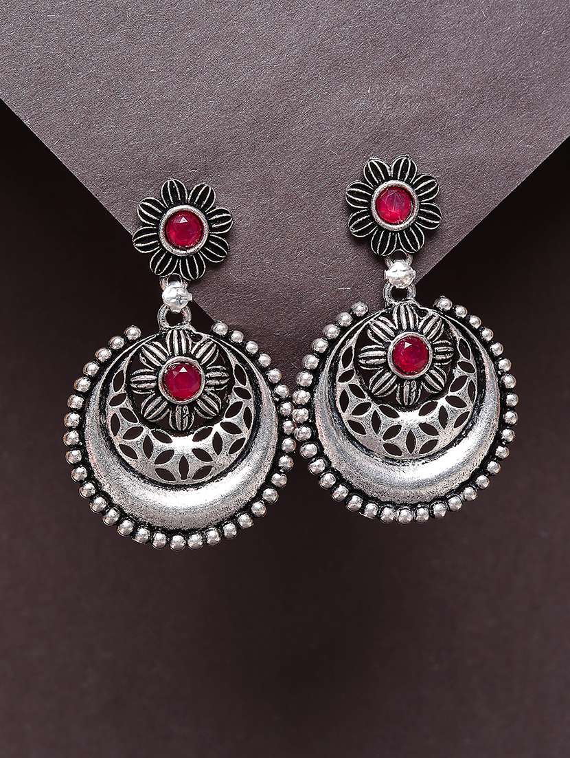 women maroon stone oxidized chand bali earrings
