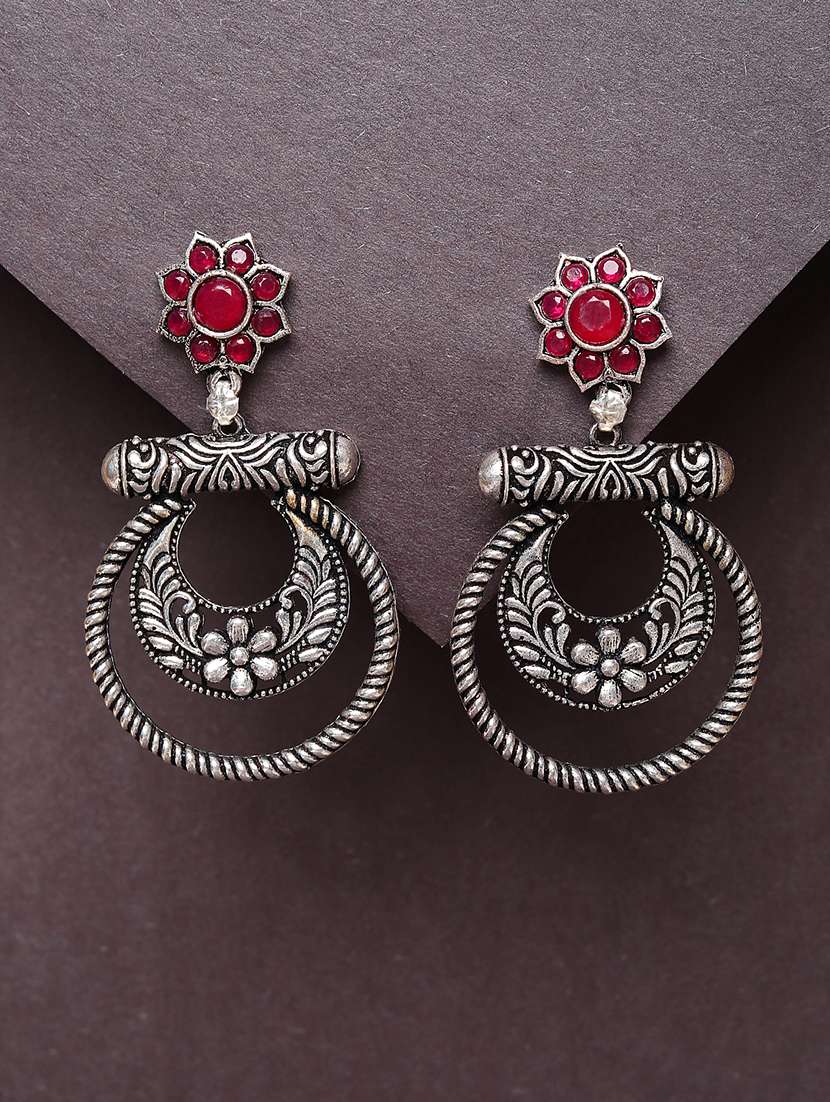 women red stone oxidized chandbali earrings