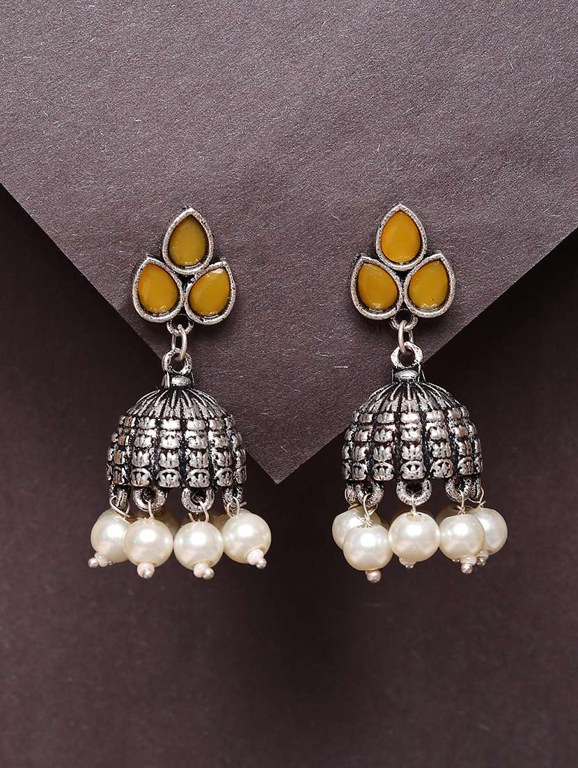 women yellow stone oxidized jhumka earrings