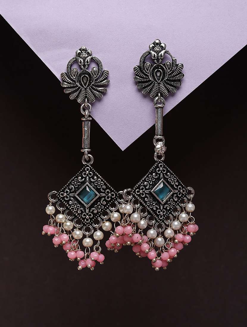 blue studded silver plated oxidized drop earrings