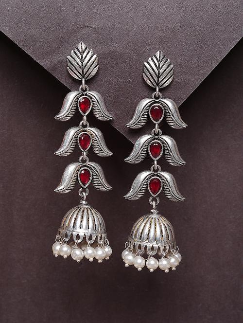 women red studded silver plated oxidized jhumka earrings - 21667937 -  Standard Image - 0