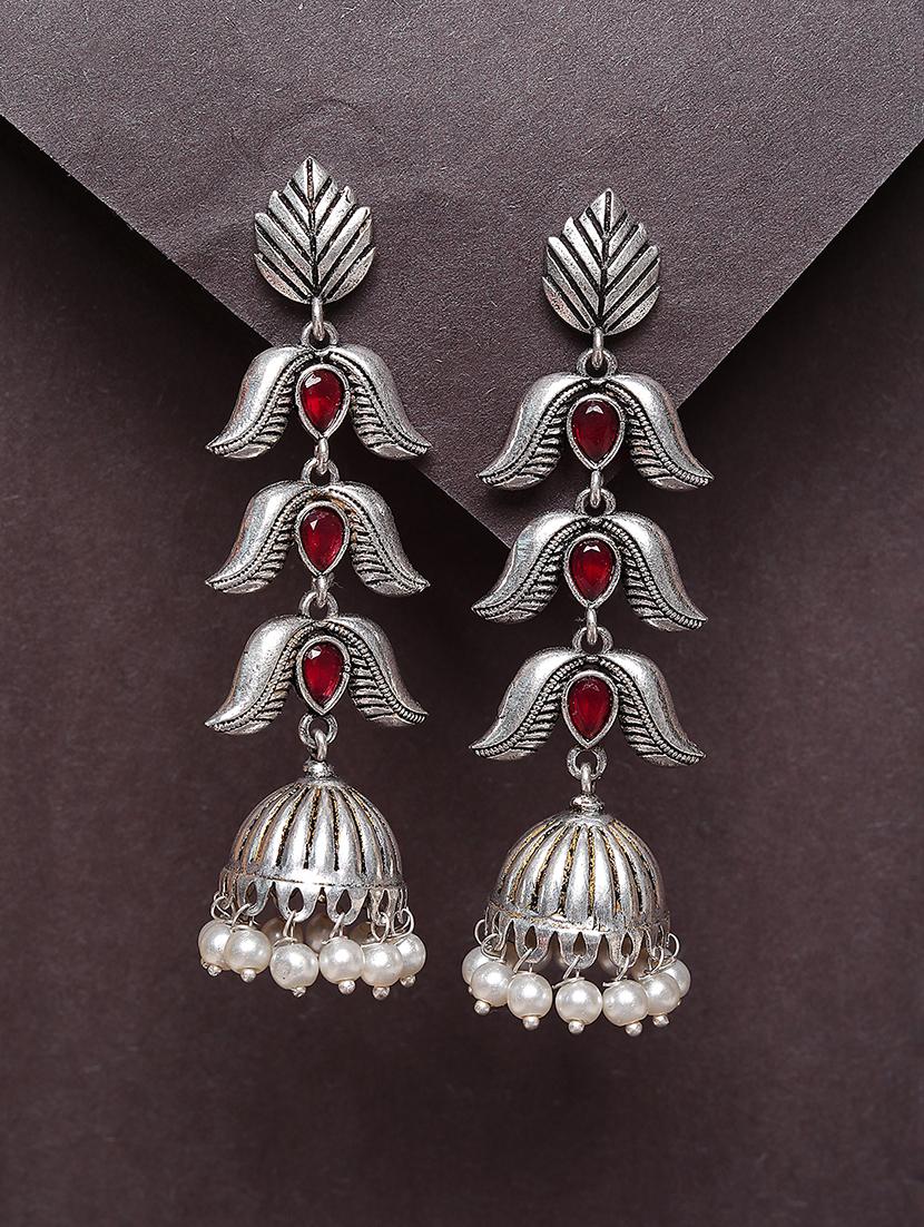 women red studded silver plated oxidized jhumka earrings - 21667937 -  Zoom Image - 0