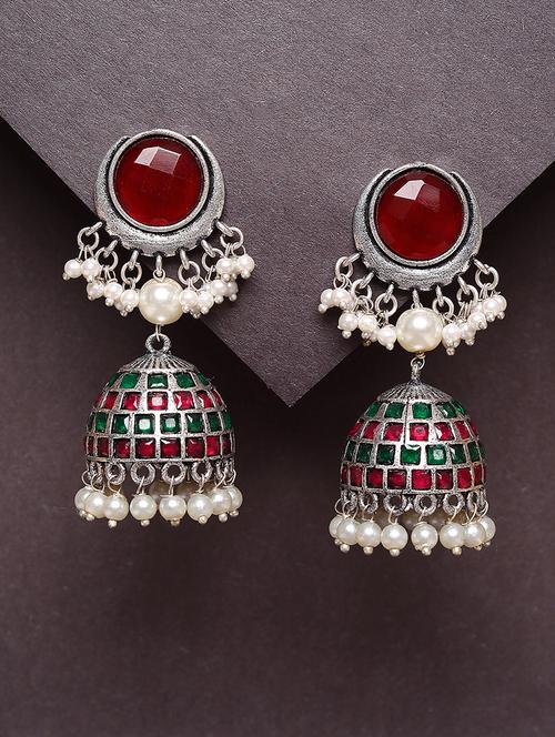 red studded silver plated oxidized jhumka earrings - 21667939 - Standard Image - 0