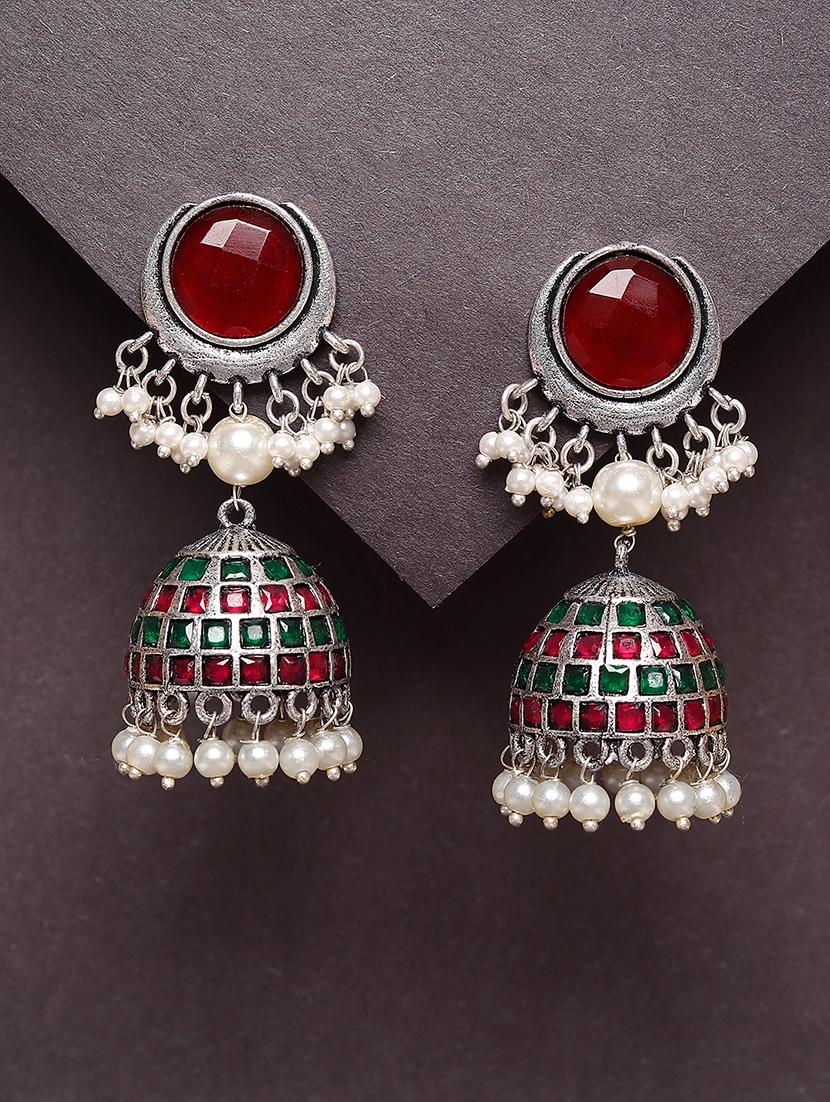 red studded silver plated oxidized jhumka earrings - 21667939 - Zoom Image - 0