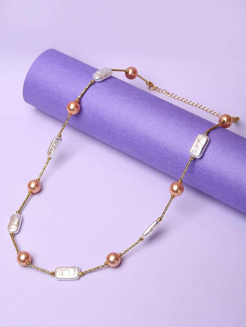 women gold plated pearl & beads long necklace