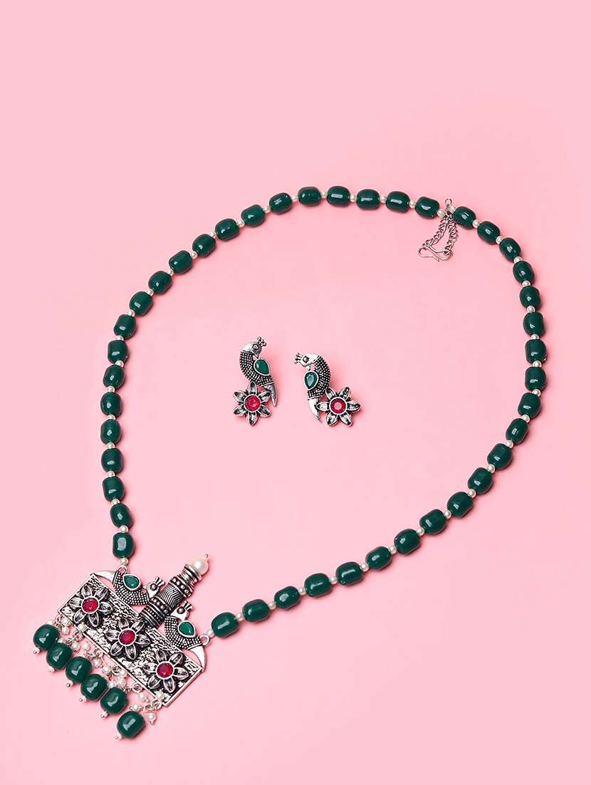 women stone oxidised chain necklace with earrings