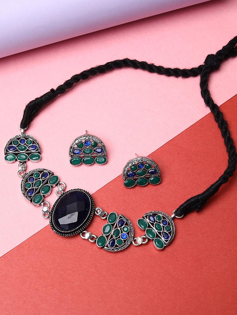 women stone silver oxidised necklace with earrings - 21667964 - Zoom Image - 0