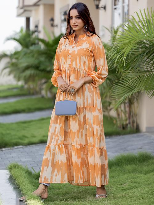 women orange printed mandarin front slit kurta - 21668003 - Standard Image - 0