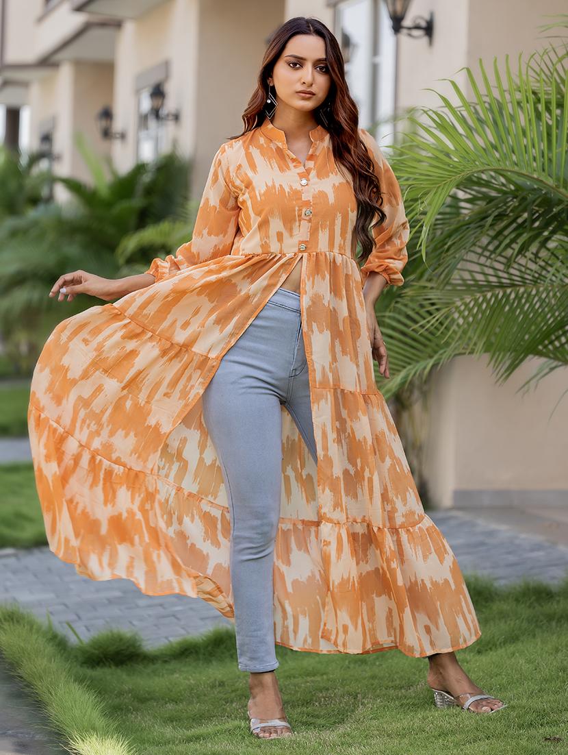 women orange printed mandarin front slit kurta - 21668003 - Standard Image - 3