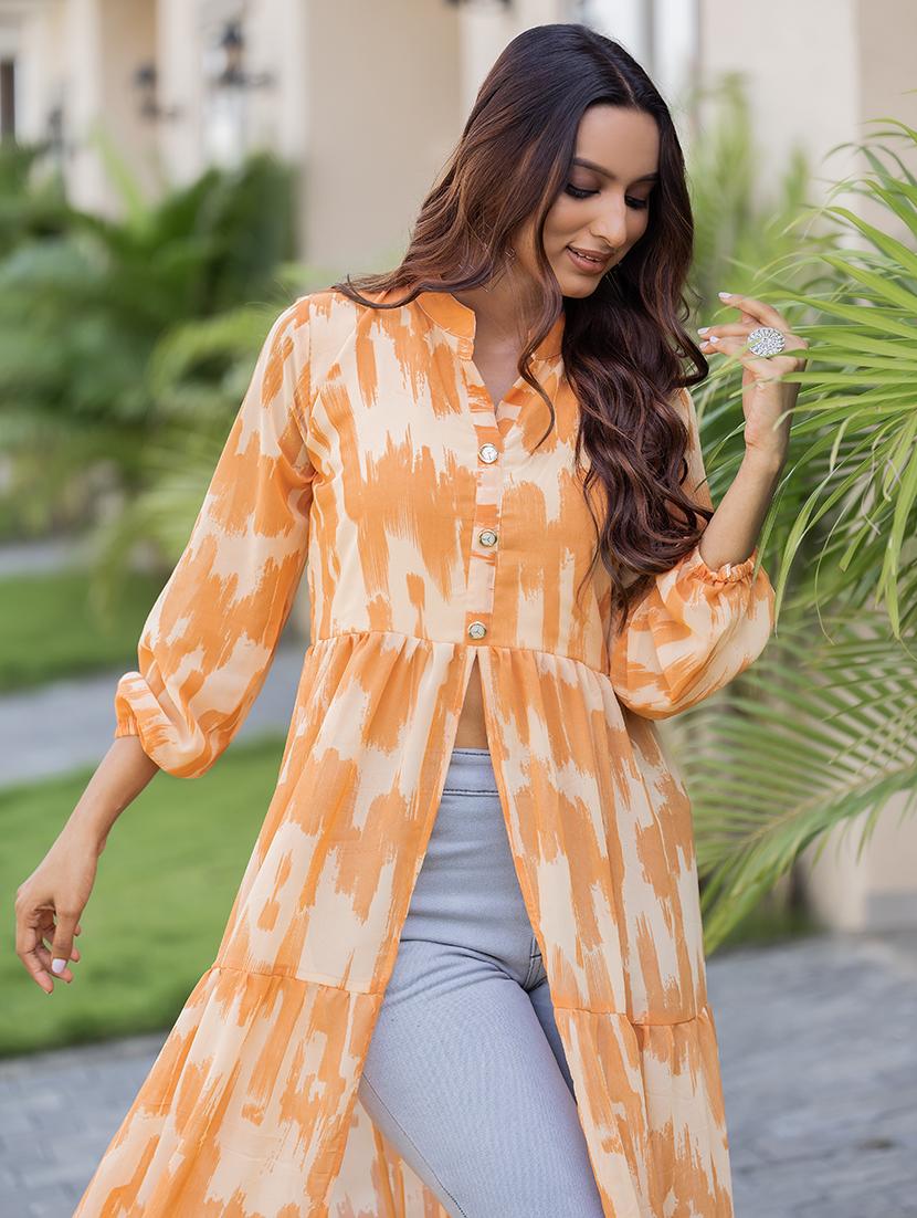 women orange printed mandarin front slit kurta - 21668003 - Standard Image - 5