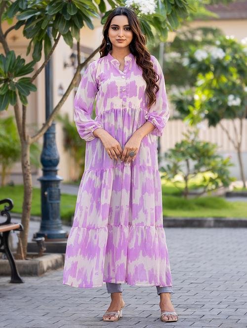 women lavender printed mandarin neck front slit kurta - 21668004 - Standard Image - 0