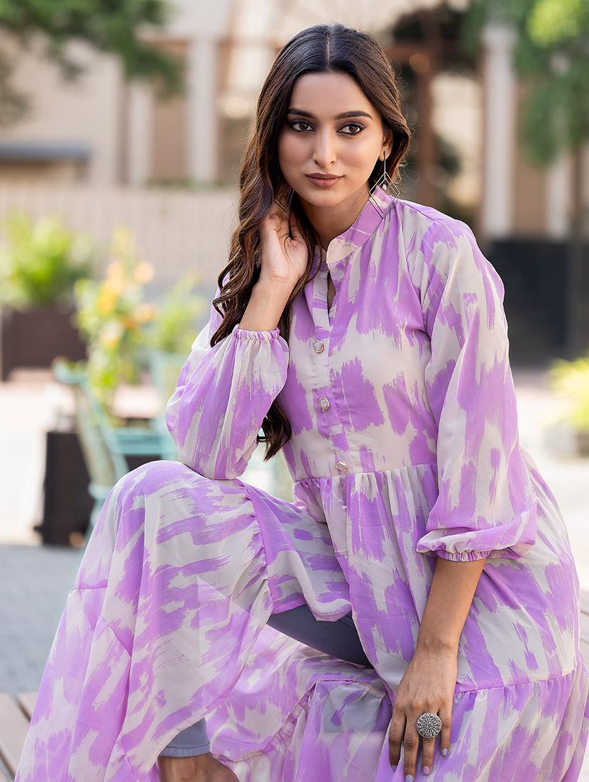 women lavender printed mandarin neck front slit kurta - 21668004 - Standard Image - 5