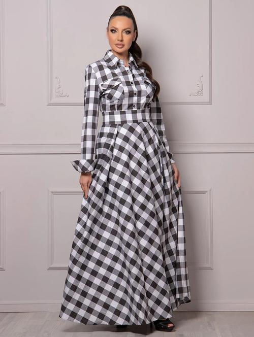 women black checks shirt collar neck a-line dress - 21668011 - Standard Image - 0