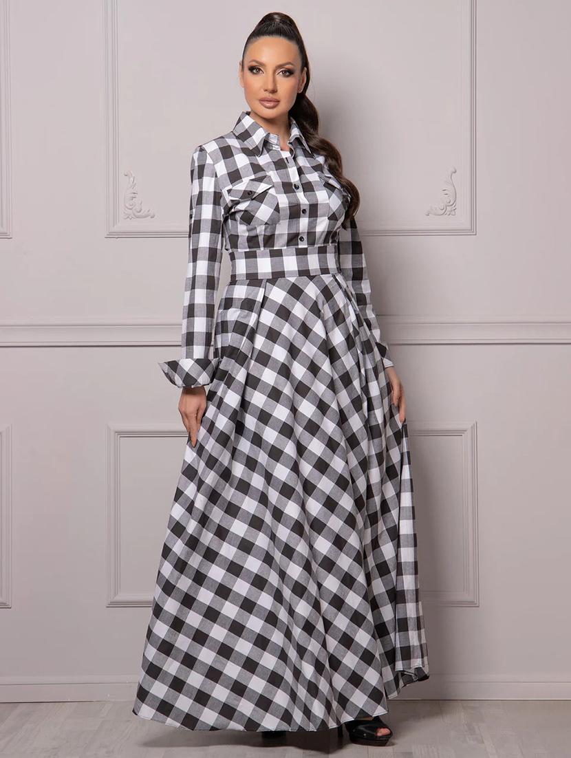 women black checks shirt collar neck a-line dress - 21668011 - Zoom Image - 0