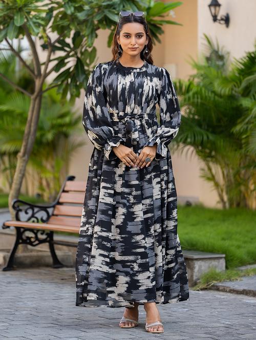 women black printed round neck fit & flare dress - 21668012 - Standard Image - 0