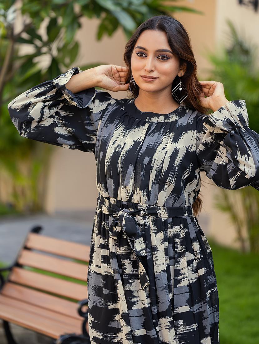 women black printed round neck fit & flare dress - 21668012 - Standard Image - 3