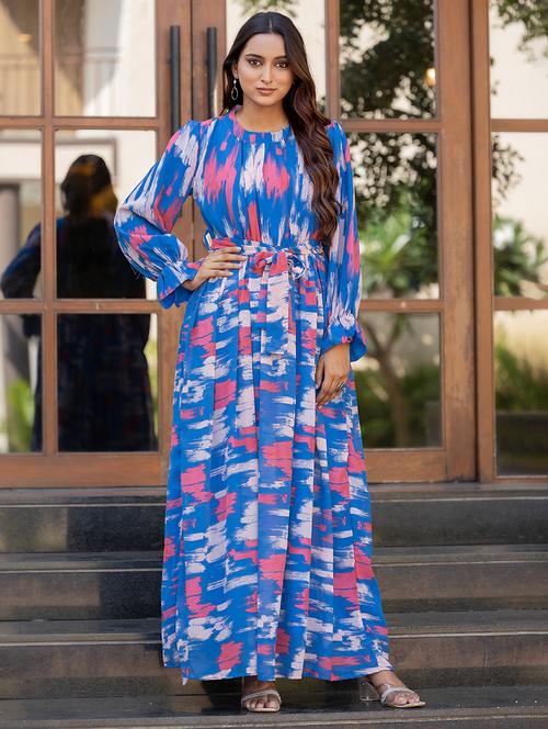women blue printed round neck fit & flare dress - 21668013 -  Standard Image - 0