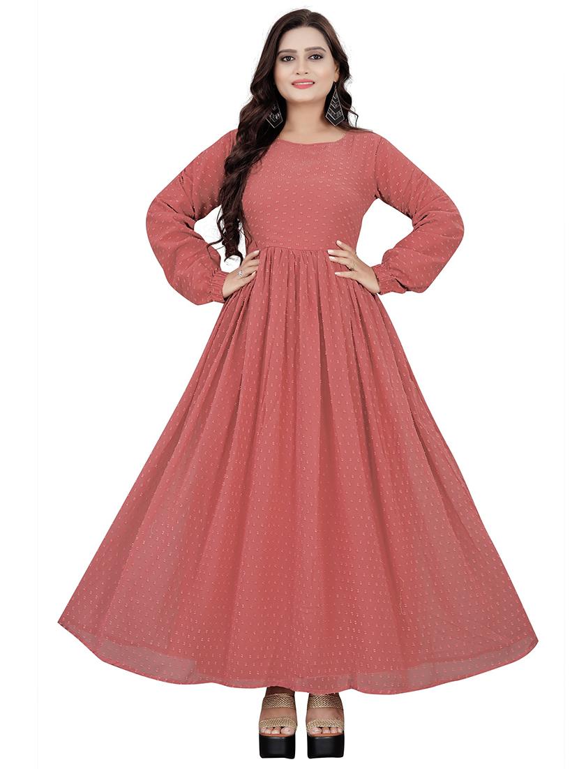 women peach self design round neck fit & flare dress - 21668017 - Zoom Image - 0