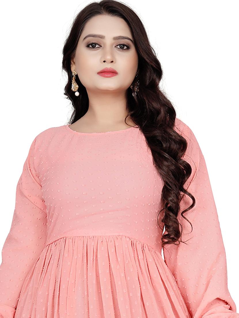 women pink self design round neck fit & flare dress - 21668018 - Standard Image - 3