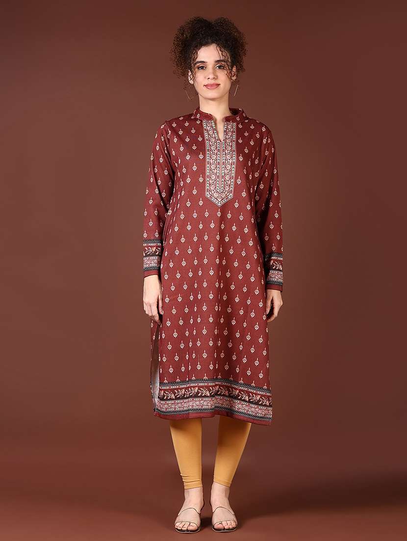 women printed long sleeve straight kurta