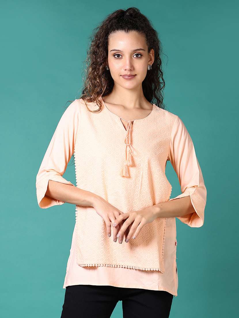 women embroidered tie-up neck layered top