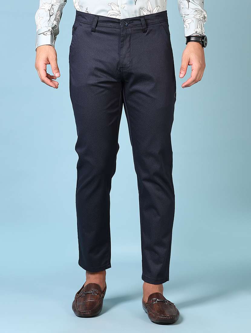 men solid mid rise flat front casual trouser