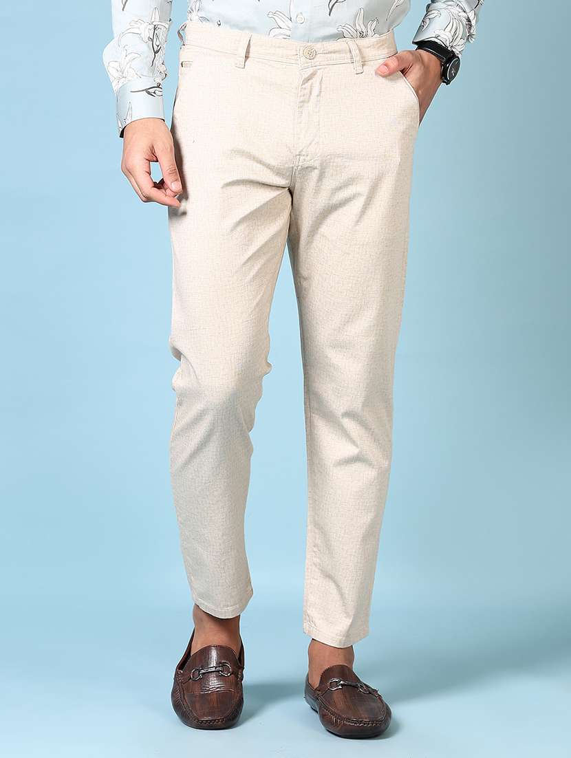 men solid mid rise flat front casual trouser