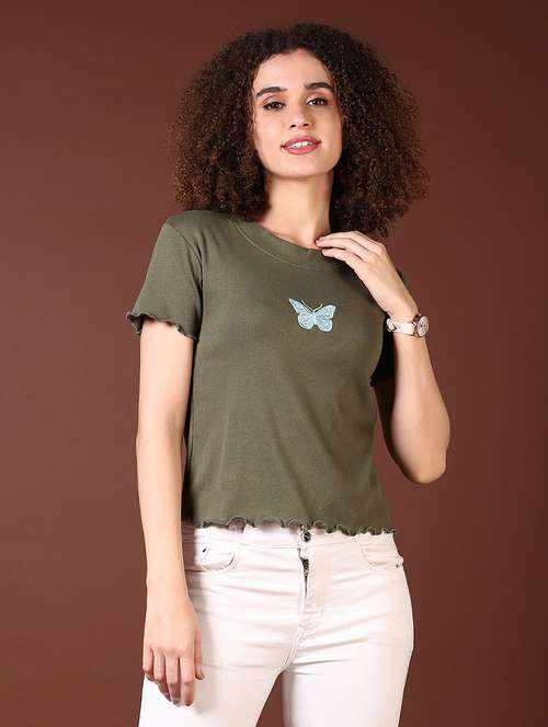 women olive solid with work round neck t-shirt - 21668424 - Standard Image - 0