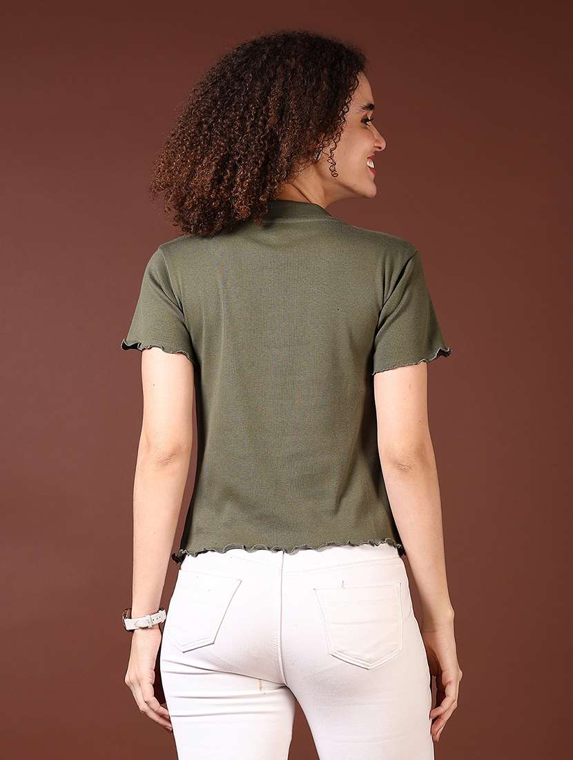 women olive solid with work round neck t-shirt - 21668424 - Standard Image - 3